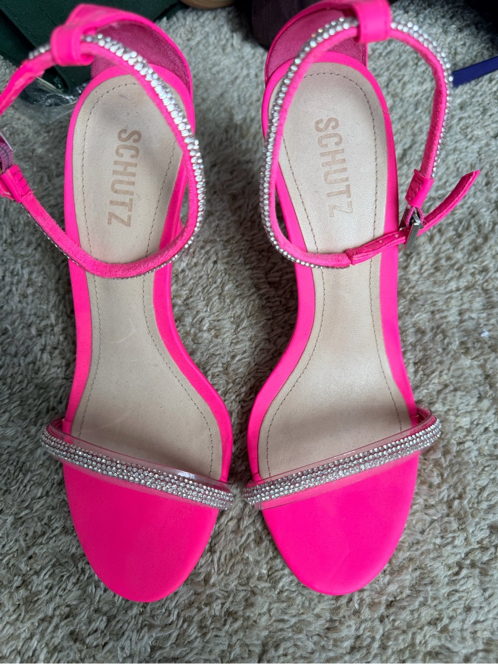 SCHUTZ Neon Pink Rhinestone Ankle-Strap Heels